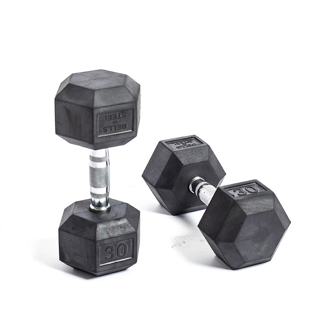 On a white surface, two Bells of Steel Ergo Rubber Hex Dumbbells with silver handles stand in black; each marked "30" for commercial-grade durability. While one stands upright, the other lies on its side, highlighting their superior quality.