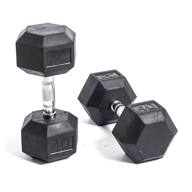 A pair of Bells of Steel Ergo Rubber Hex Dumbbells, each weighing 40 pounds, are placed on a white surface; one lies flat while the other stands upright.