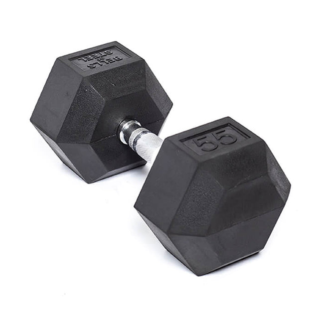 A single Ergo Rubber Hex Dumbbell by Bells of Steel, featuring a black hex design and gray metal handle, rests on a white background. The embossed "55" on one end shows its weight in pounds, highlighting its high-quality construction.