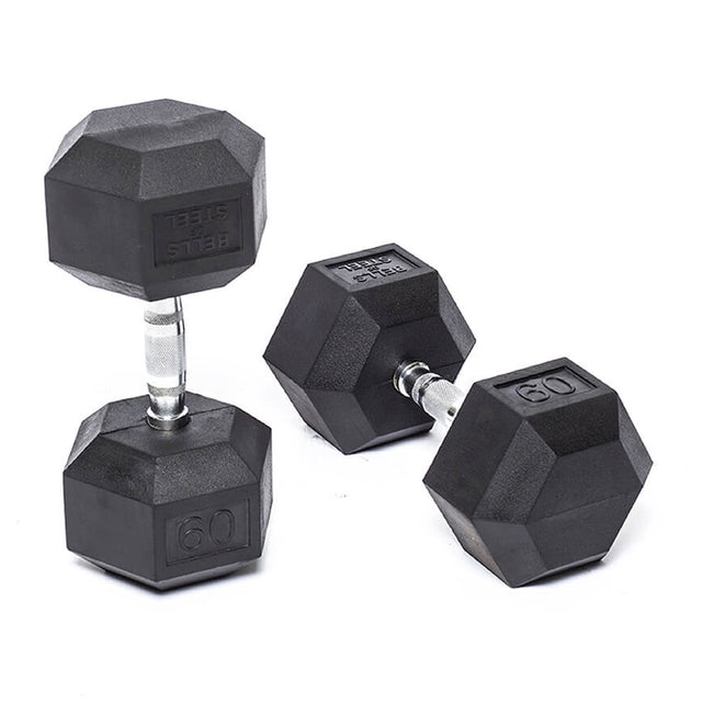 Two Bells of Steel Ergo Rubber Hex Dumbbells on a white background, with one upright and the other on its side. Each is labeled 60 pounds, highlighting their solid black construction.