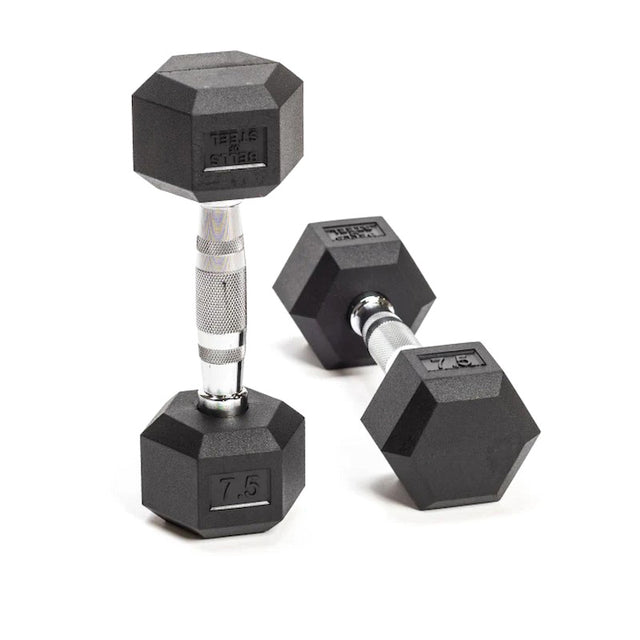 Two black Ergo Rubber Hex Dumbbells, by Bells of Steel, with chrome-plated handles rest on a white surface. Each "7.5" dumbbell has a textured grip for easy handling, ideal for enhancing any workout routine with sleek hexagonal design.