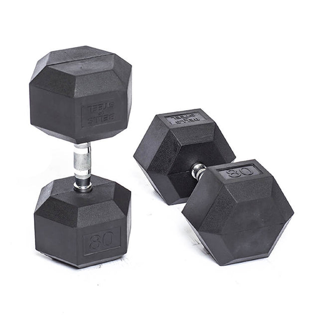 Two Bells of Steel Ergo Rubber Hex Dumbbells rest on a white surface, each showcasing the number "80" to indicate their weight.