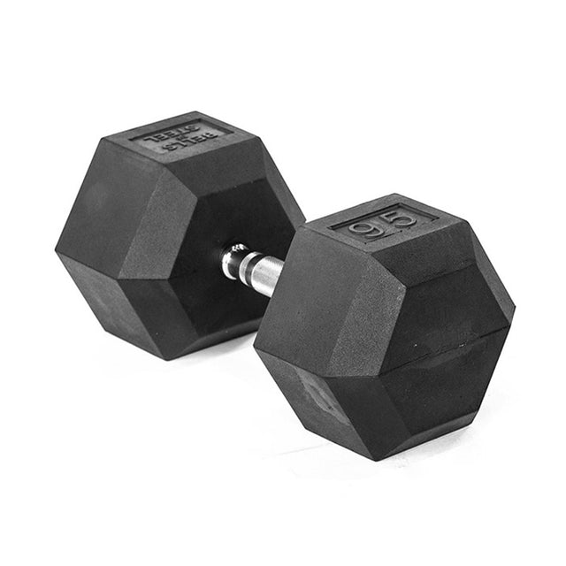 A Bells of Steel Ergo Rubber Hex Dumbbell, featuring a black rubber hexagonal design and metal handle, lies on a white surface with "95" marking its weight.