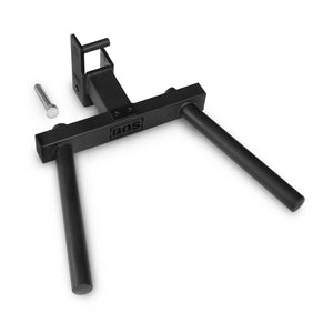 Black Bells of Steel Y Dip Bar Rack Attachment for a power rack, featuring a mounting bracket and a separate locking pin.