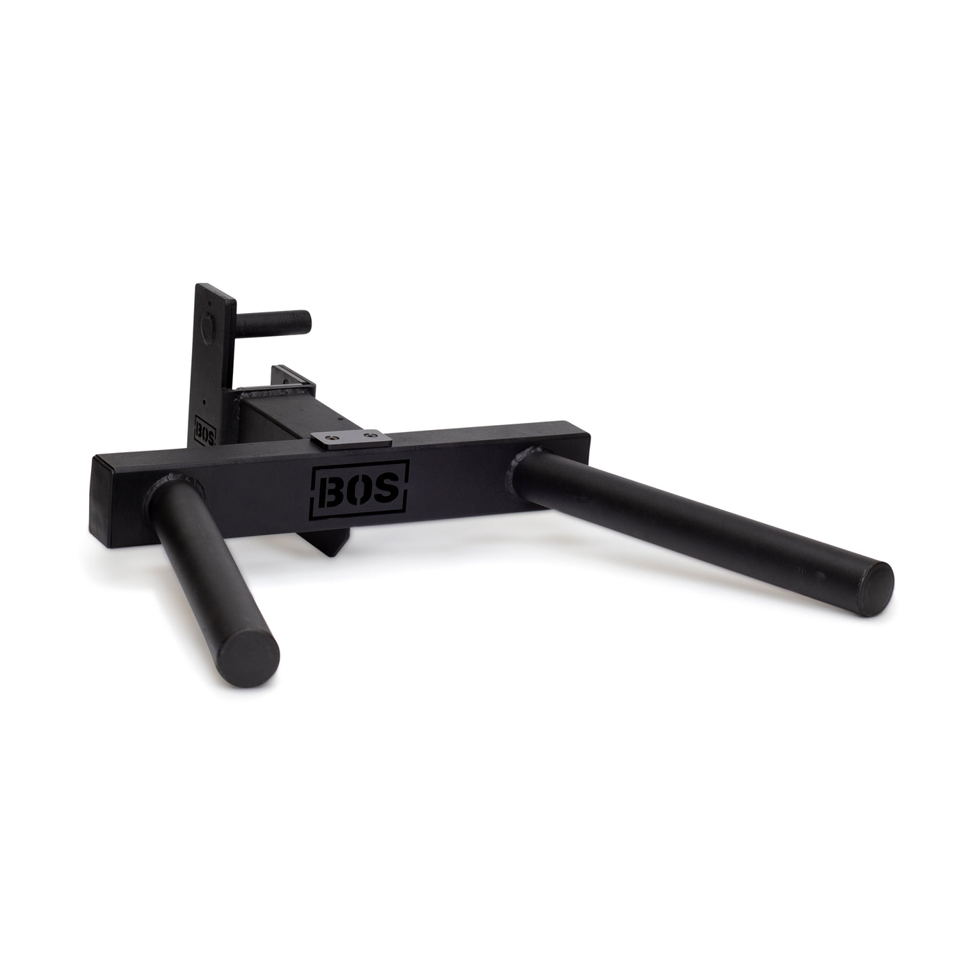 The Bells of Steel Y Dip Bar Rack Attachment is a black metal accessory for fitness racks, featuring two parallel cylindrical bars with a 500lb weight capacity and the BOS logo, ideal for dips. The background is plain white.