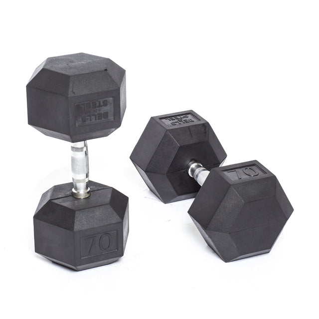 Four Bells of Steel Ergo Rubber Hex Dumbbells with grey handles are on a white background. Two dumbbells are stacked vertically on the left; two lie horizontally on the right. The number 70 is visible, highlighting their commercial-grade quality.