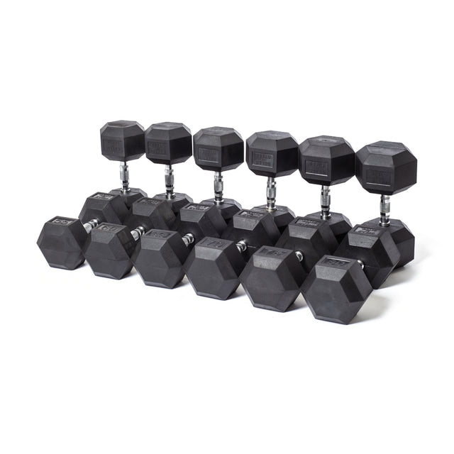 Bells of Steel's Ergo Rubber Hex Dumbbells, featuring chrome-plated handles, are arranged from smallest to largest on a white background, each pair displaying identical weight markings.