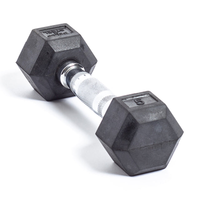 A single Ergo Rubber Hex Dumbbell by Bells of Steel, featuring a chrome-plated metal handle and black rubber-coated hexagonal ends marked "5", is artfully placed on a plain white background.