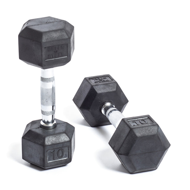 Two Bells of Steel Ergo Rubber Hex Dumbbells, each 10 pounds, feature chrome-plated handles. One stands upright and the other lies on its side on a pristine white background.