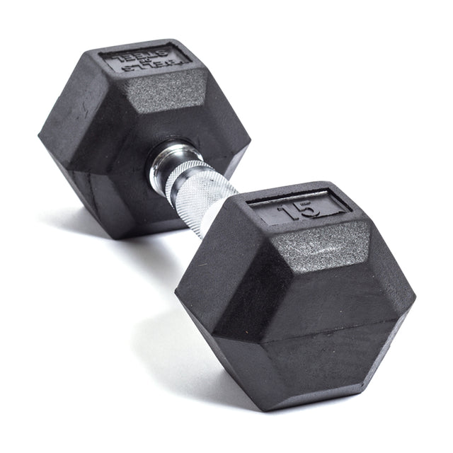 The Bells of Steel Ergo Rubber Hex Dumbbells feature a black hexagonal design and a chrome-plated handle, with "15" marking the weight in pounds, perfect for enhancing your bulk sets.