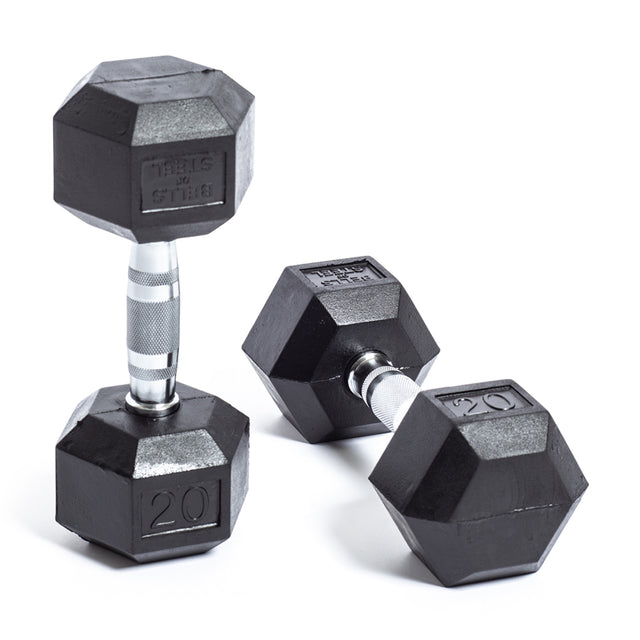 Two Bells of Steel Ergo Rubber Hex Dumbbells with chrome-plated handles rest on a white background. Both are marked 20 pounds; one stands upright displaying its handle, while the other lies on its side.