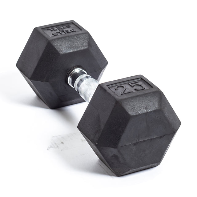 A black hexagonal Ergo Rubber Hex Dumbbell from Bells of Steel, featuring a metallic handle and "25" on each end, rests on a white surface. Designed for bulk sets, it combines durability and sleek design, perfect for fitness enthusiasts.