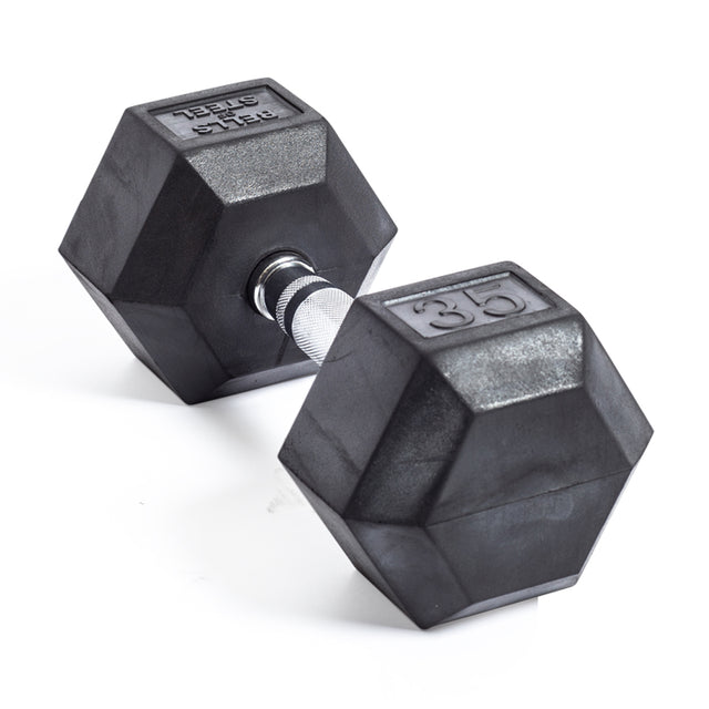 A black Ergo Rubber Hex Dumbbell by Bells of Steel, equipped with a silver handle, rests on a white background. This commercial-grade hex dumbbell displays "35" on its top surface to indicate its weight.