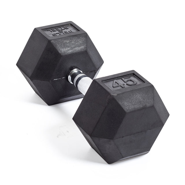 A pair of Bells of Steel Ergo Rubber Hex Dumbbells with silver handles sits on a white background, one slightly in front of the other, displaying the weight "4.5" on their side.