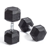 Two hexagonal black Ergo Rubber Hex Dumbbells from Bells of Steel are displayed on a white background with chrome-plated handles. Each dumbbell is marked "50" pounds; one stands upright, the other lies flat, showcasing their quality and durability in bulk sets.