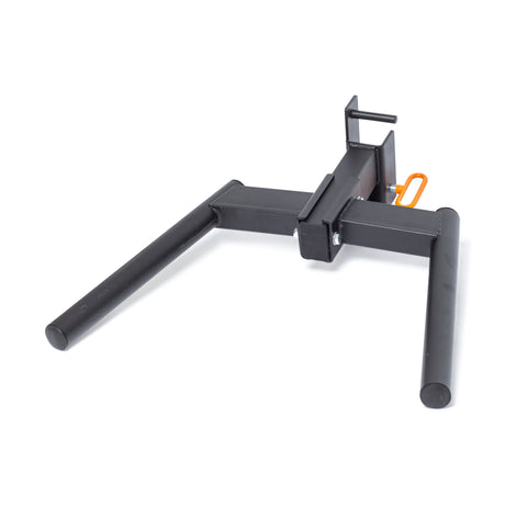 The Bells of Steel Y Dip Bar Rack Attachment, made from heavy-duty black metal, features two parallel rods and a hitch mechanism for lifting and transporting. It includes an orange hook for added functionality and UHMW lining for durability and protection during use.
