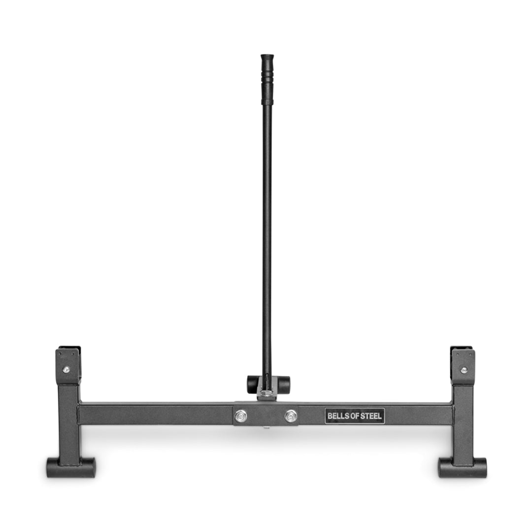 The Deadlift Jack with Rollers, by Bells of Steel, includes a vertical handle and sturdy frame with smooth nylon rollers for easy movement. It's ideal for strength training and conditioning exercises requiring quick weight changes.