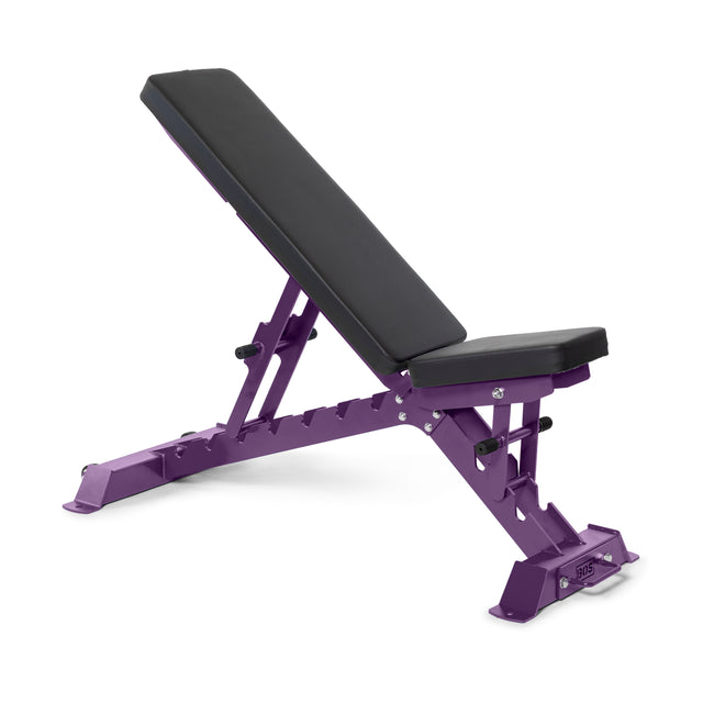 The Buzz-Saw Heavy-Duty Adjustable Bench by Bells of Steel features a black cushioned seat and incline backrest on a robust purple metal frame, offering a 1,000lb max capacity for your weightlifting needs.