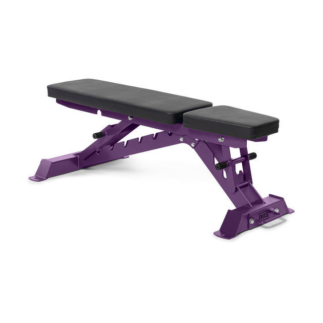 The Buzz-Saw Heavy-Duty Adjustable Bench by Bells of Steel features a purple sturdy metal frame with a black cushioned back pad against a white background, offering adjustable seating positions for reliability and comfort.