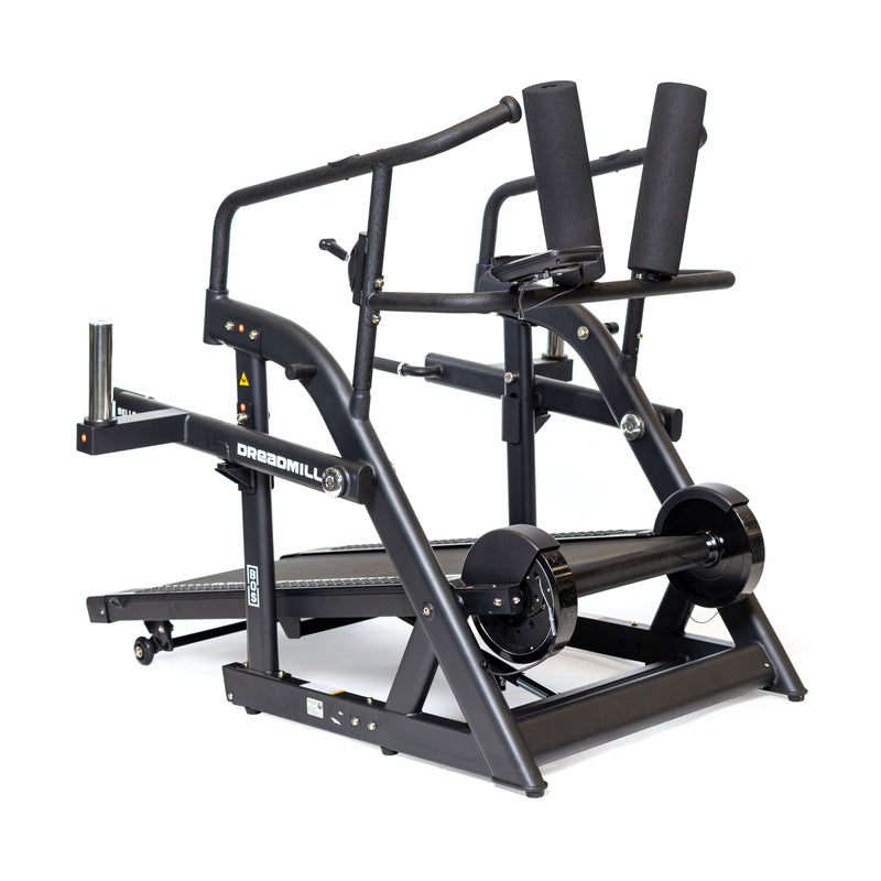The Dreadmill by Bells of Steel is a black, heavy-duty treadmill perfect for climbing and sprinting. It features magnetic resistance, a large belt, high handlebars with foam grips, and visible branding, all showcased on a white background to highlight its robust construction.