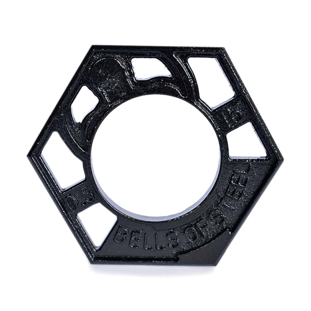 The Fractional Iron Plates - 0.5 LB by Bells of Steel are hexagonal black steel weight plates with square cutouts, compatible with Olympic barbells, and feature a central circular mounting hole and smooth and textured surfaces.