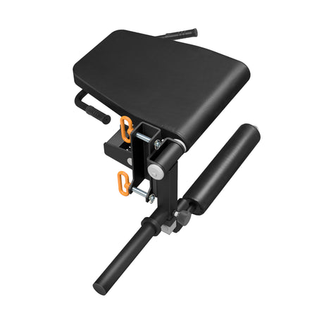Bells of Steel Leg Curl / Leg Extension Rack Attachment in black, featuring a padded seat, a foam roller for leg exercises, and two orange spring pins.