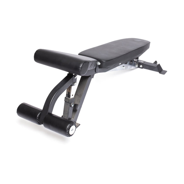 Introducing the Flat / Incline / Decline Weight Bench - Commercial by Bells of Steel. This versatile workout bench features an adjustable black design with a padded seat and backrest, supported by a sturdy metal frame. It includes leg rollers and offers support for various incline levels, making it ideal for strength training exercises both at home and in the gym.