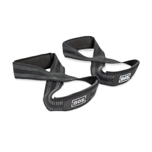 The Bells of Steel Classic Figure 8 Lifting Straps feature reinforced black stitching and a white BOS logo on each, displayed on a white background—perfect for boosting grip strength.
