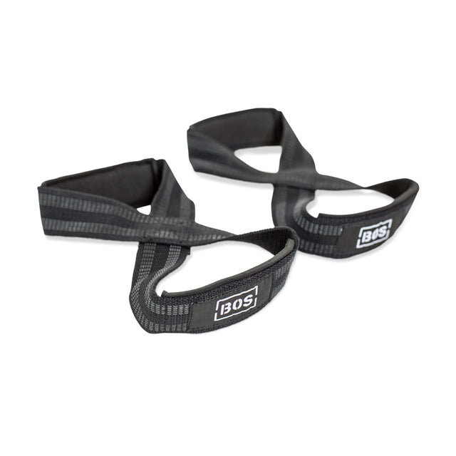The Bells of Steel Classic Figure 8 Lifting Straps feature reinforced black stitching and a white BOS logo on each, displayed on a white background—perfect for boosting grip strength.