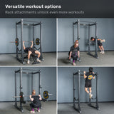 Four images display people using the Bells of Steel Manticore Flat Foot Power Rack - Prebuilt (3" x 3", 1" Holes) for a variety of exercises: bench press, split squats with dumbbells, barbell squats, and pull-ups. Text reads: "Versatile workout options. Rack attachments unlock even more workouts—perfect for any home gym.