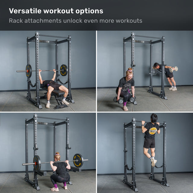 Four images display people using the Bells of Steel Manticore Flat Foot Power Rack - Prebuilt (3" x 3", 1" Holes) for a variety of exercises: bench press, split squats with dumbbells, barbell squats, and pull-ups. Text reads: "Versatile workout options. Rack attachments unlock even more workouts—perfect for any home gym.