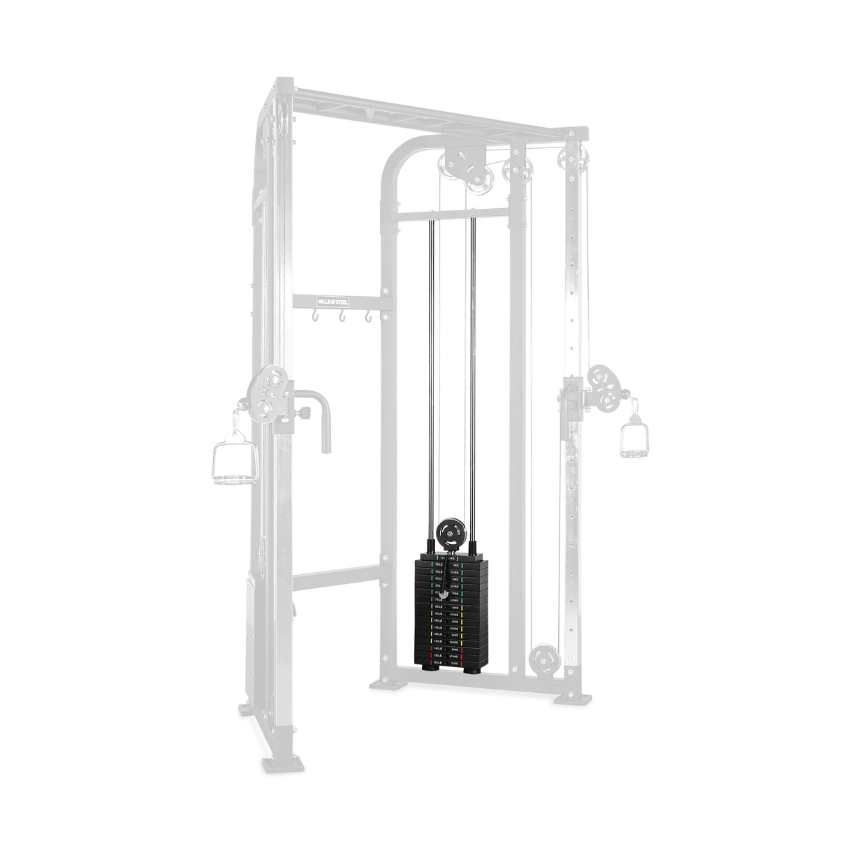 The Bells of Steel Functional Trainer has a transparent design that displays the central weight stack with visible plates, and features a pulley system with adjustable handles, ideal for various cable machine exercises.