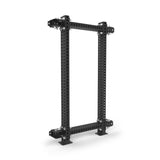 The Bells of Steel Manticore Folding Power Rack - Prebuilt features a black 3"x3" metal frame with 1" holes and sturdy corner brackets—perfect for home gyms or as the base for a folding rack system.