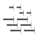 Ten Bells of Steel Bolt-On Plate Peg Sets with flat circular bases, perfect for plate storage, are unevenly spaced and horizontally aligned on a white background.