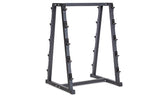 The Bells of Steel Fixed Barbell Rack is a black metal A-frame with multiple angled slots on each side for storing weights or barbells, shown against a white background.