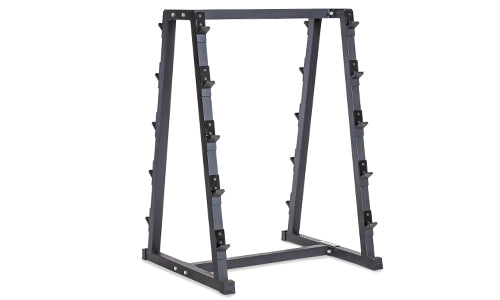 The Bells of Steel Fixed Barbell Rack is a black metal A-frame with multiple angled slots on each side for storing weights or barbells, shown against a white background.