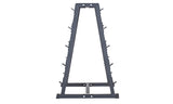 The Bells of Steel Fixed Barbell Rack is a black, A-frame rack with multiple pegs on both sides for weight plate and barbell storage, shown from the front against a white background.