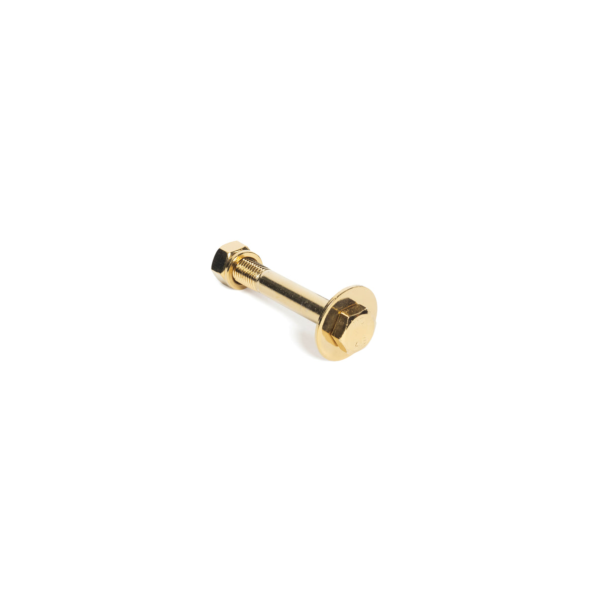 A brass hex bolt with a matching nut, featuring a titanized coating, is positioned horizontally on a white background. From the versatile Bells of Steel Hydra series, this "Gold / Black Titanized Bolts for Hydra" is ideal for power rack installations, ensuring durability and strength.