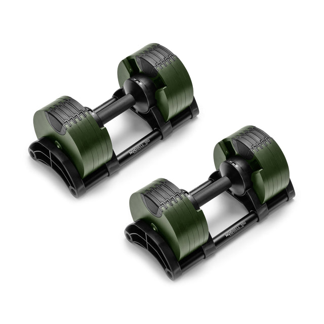 The NÜOBELL Adjustable Dumbbells by Nuobell, with a dark green and black design, rest on bases and feature machined steel weight plates for customizable resistance. The sleek, modern look includes a knurled handle for enhanced grip—ideal for home workouts.