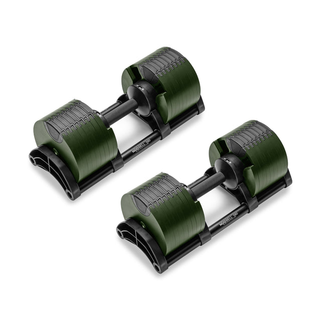 The Nuobell NÜOBELL Adjustable Dumbbells in black and green have a modern design with knurled handles for a firm grip. Set on a black base, these versatile weights feature machined steel plates, perfect for strength training.