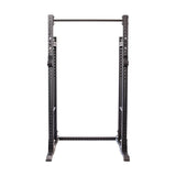 The Bells of Steel Hydra Half Rack - Prebuilt features modular components, a pull-up bar attachment, and adjustable height settings. This black metal squat rack on a white background is ideal for strength training with Hydra rack attachments.