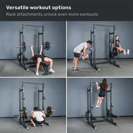 Four gym scenes show people using the Bells of Steel Manticore Half Rack - Prebuilt (3" x 3", 1" Holes) to perform bench pressing, bent-over rows, knee raises, and pull-ups. This demonstrates the rack’s versatility with a range of attachments—making it an ideal choice for any home gym setup.