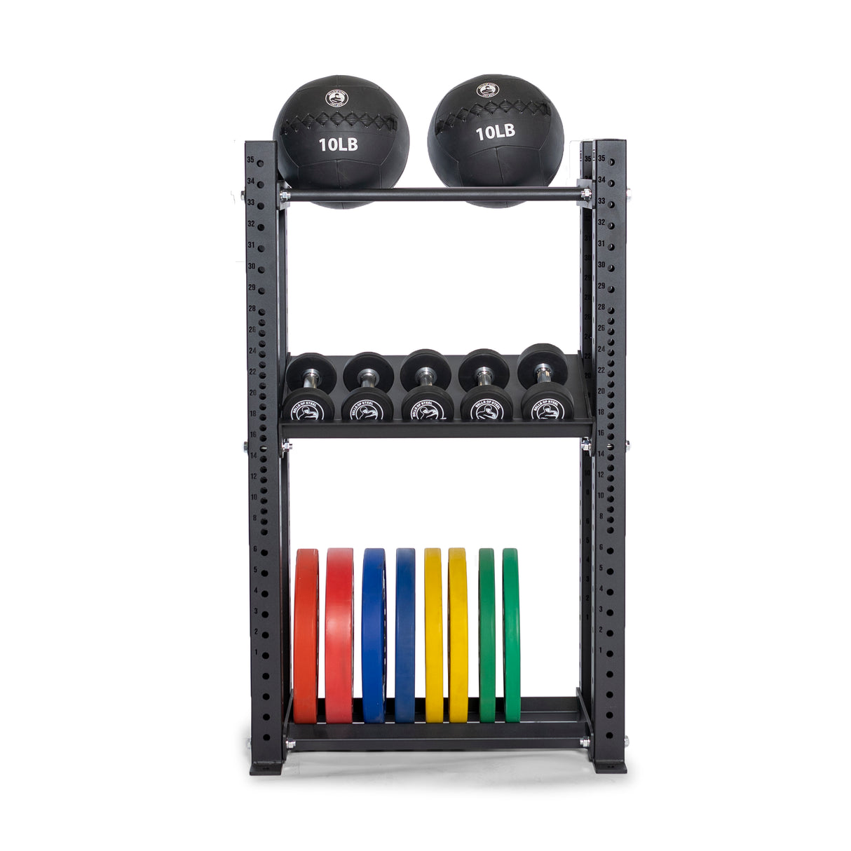 The Hydra Storage Builder by Bells of Steel offers vertical storage for two 10-pound medicine balls on top, a row of assorted dumbbells in the middle, and vibrant red, blue, yellow, and green weight plates at the bottom. It's perfect for home gyms with its compact yet stylish design.