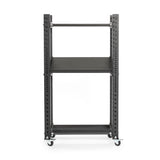 The Bells of Steel Hydra Storage Builder is a black, mobile workstation with a sturdy metal frame. It features an adjustable-height single shelf and caster wheels, perfect for versatile use in various work environments or as a modular storage solution for your home gym.