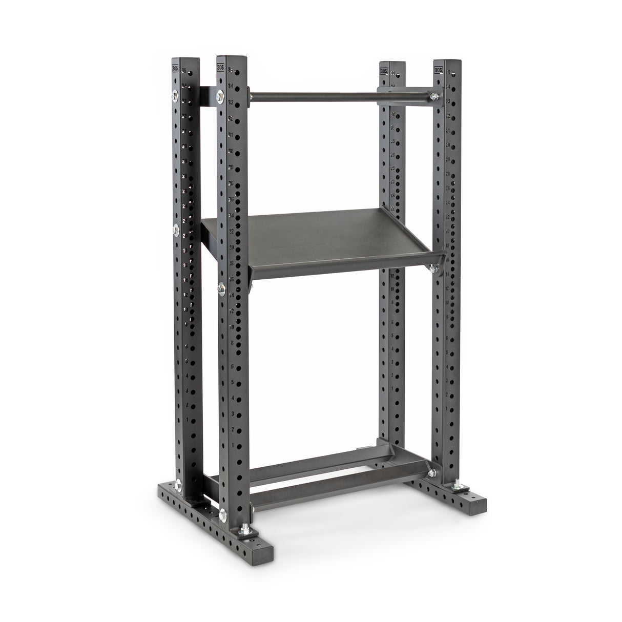 The Hydra Storage Builder by Bells of Steel is a sturdy black metal rack with adjustable shelves and multiple holes for versatile vertical storage or mounting. Its minimalist industrial design suits home gyms or garage settings perfectly.