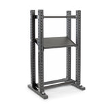 The Hydra Storage Builder by Bells of Steel is a sturdy black metal rack with adjustable shelves and multiple holes for versatile vertical storage or mounting. Its minimalist industrial design suits home gyms or garage settings perfectly.