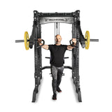 male model using lever arms rack attachment with open handles