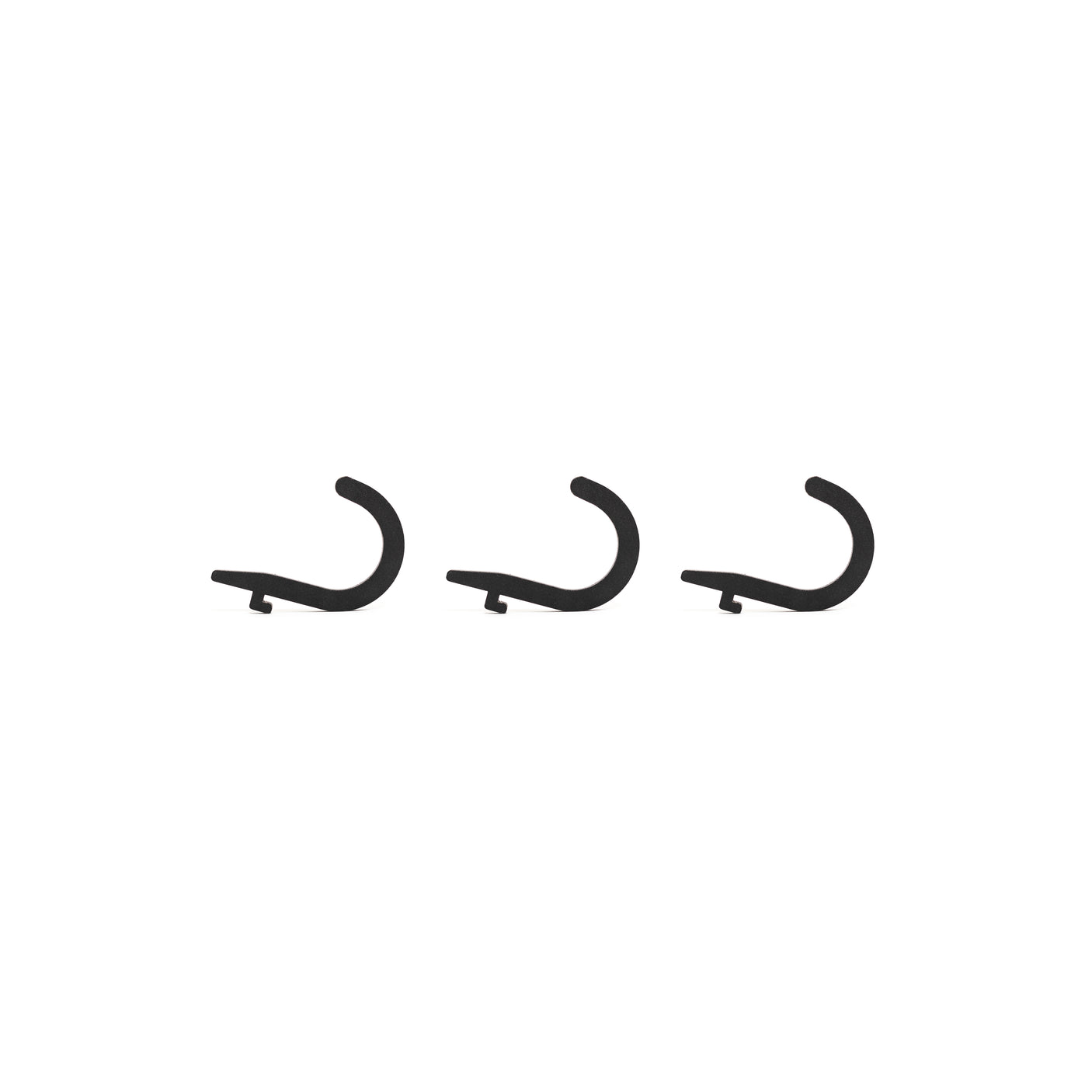 Three identical Bells of Steel Utility Hooks, black and S-shaped, are arranged horizontally on a white background—ideal for gym storage or organizing cable attachments.