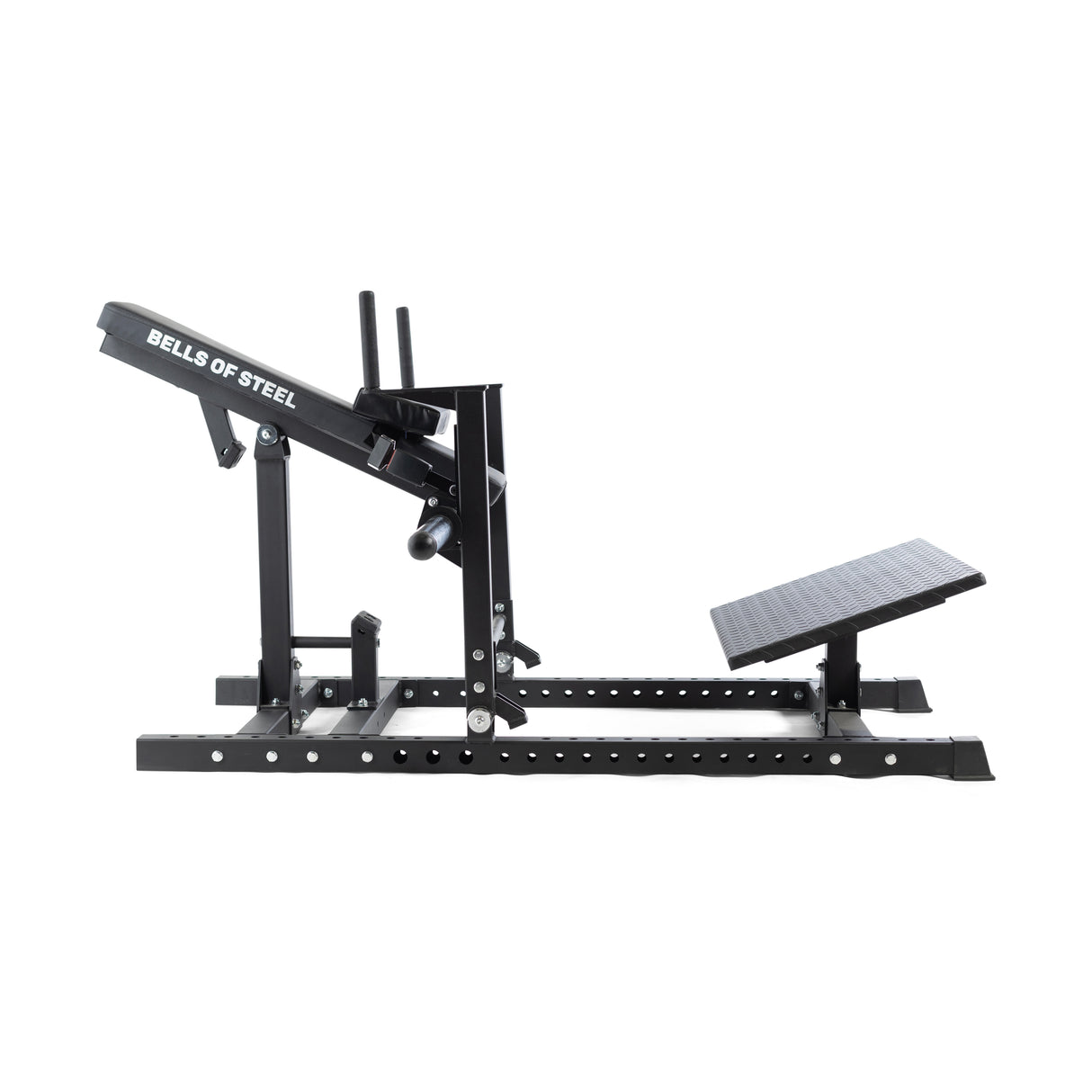 The Bells of Steel Hip Thrust Machine, shown in side view, is designed for glute and hamstring workouts. It has a sturdy frame, adjustable parts, and a footplate. Ideal for strength training routines; resistance bands can be added for extra intensity.