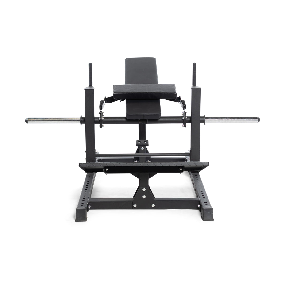 The Bells of Steel Hip Thrust Machine features a black padded bench, sturdy metal frame, barbell supports, and footrests. Ideal for enhanced workouts with resistance bands on a white background.